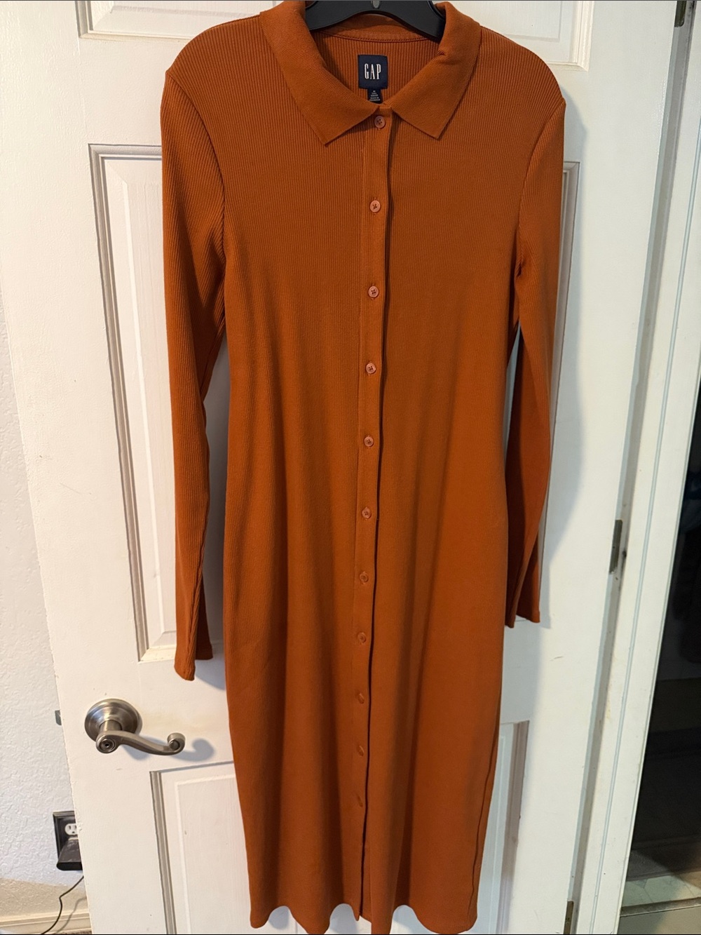 GAP Long-Sleeve Button-Front Midi Dress in Rust Orange